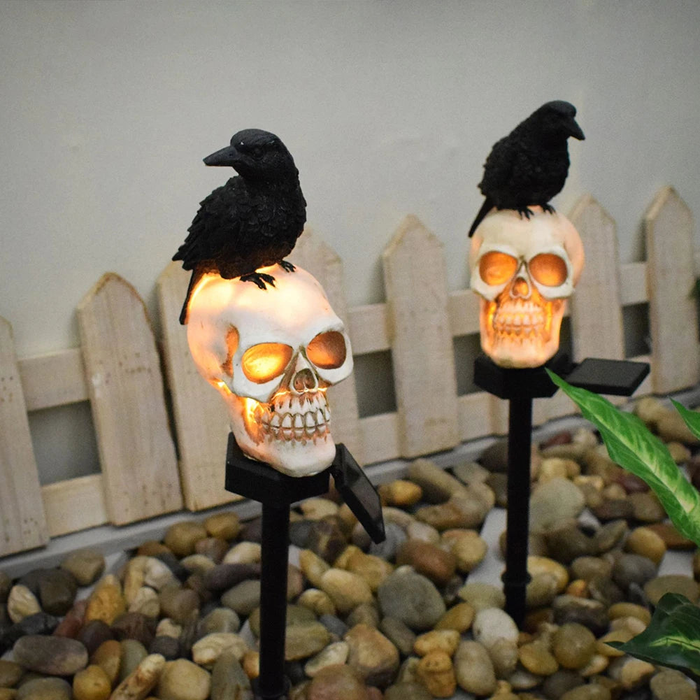 Solar Scary Skull Lights Realistic Skeleton Crows Walkway Lights Halloween Decorations