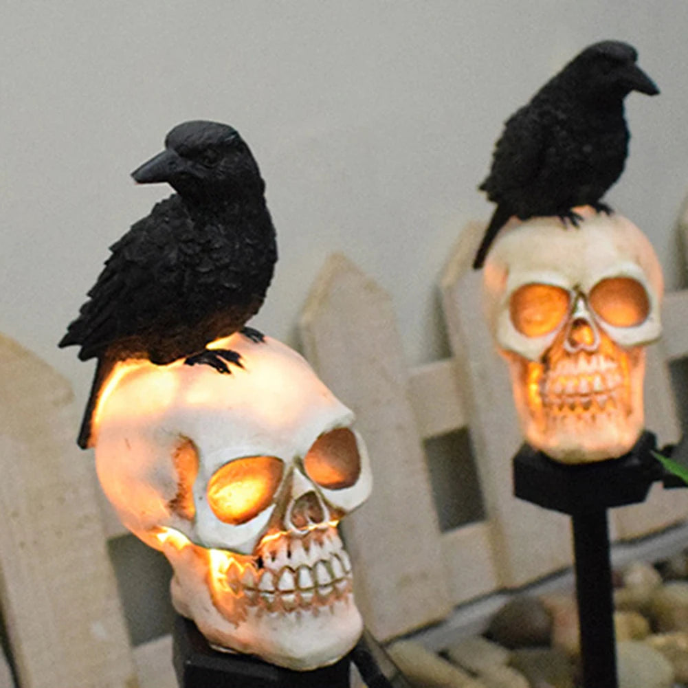 Solar Scary Skull Lights Realistic Skeleton Crows Walkway Lights Halloween Decorations